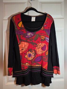 Zoe Vintage Black Colorful Abstract Layered Button Back Tunic Top XL